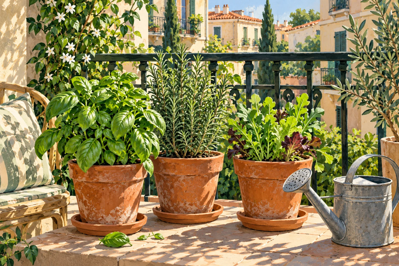 Ilustración de un balcón urbano con aromáticas, semilleros, macetas de terracota y regadera